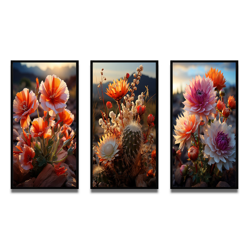 «Desert Euphoria Cactus», 3 pièces, H 32 po x l 48 po, Cadre noir