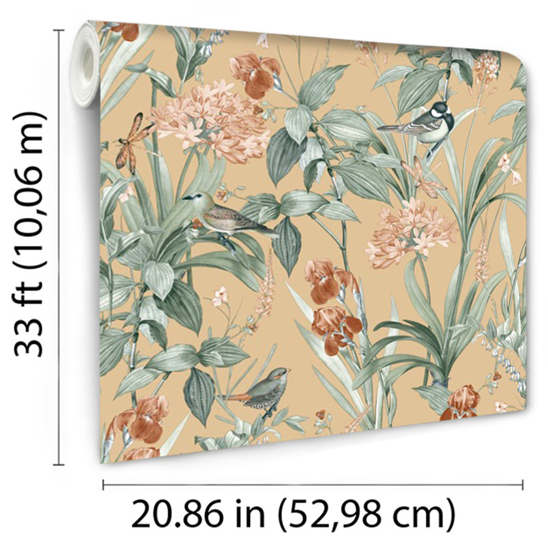 Papier peint botanique Mint Birds and Dragonflies, Jaune