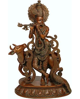 Statue en laiton avec vache et paon Krishna, laiton, 21,5 po de large | Figurine Hindou Mythologique pour la maison et le salon
