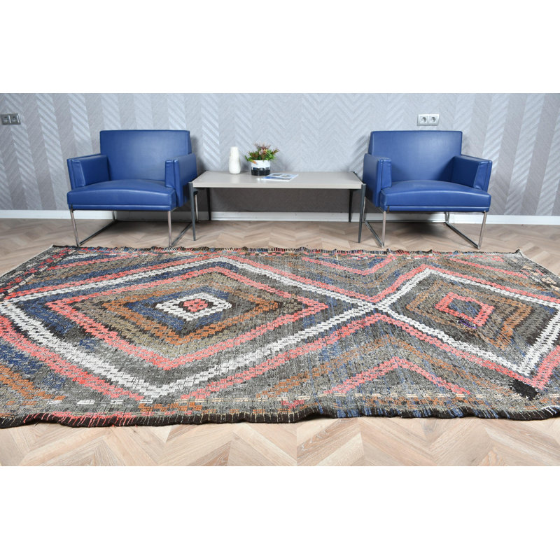 Grand tapis kilim anatolien turc rétro brodé en vert, idéal pour décorer le salon