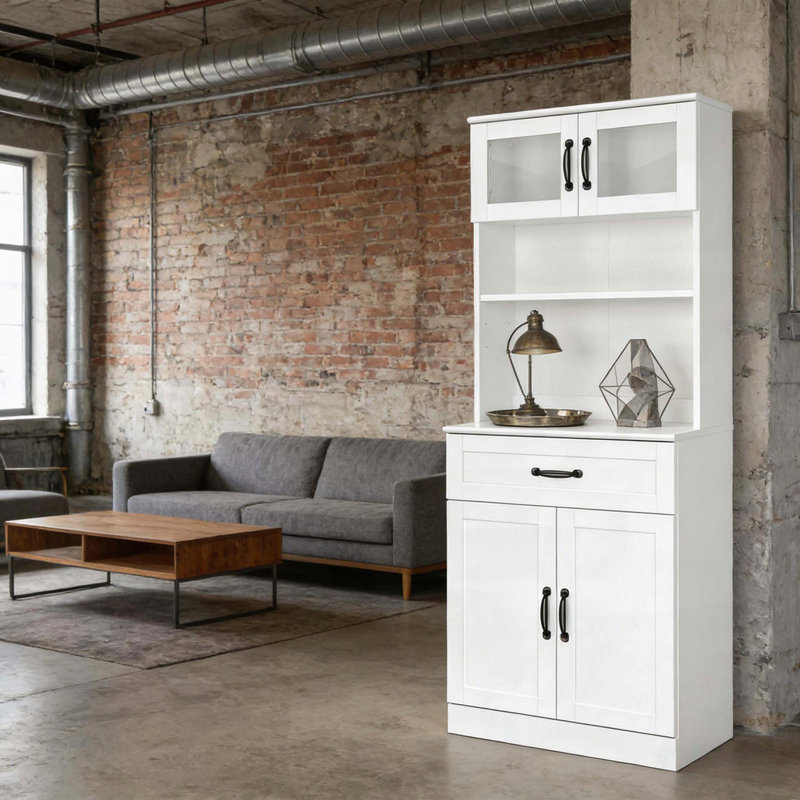 Armoire à café avec portes en verre, tiroir et tablettes réglables