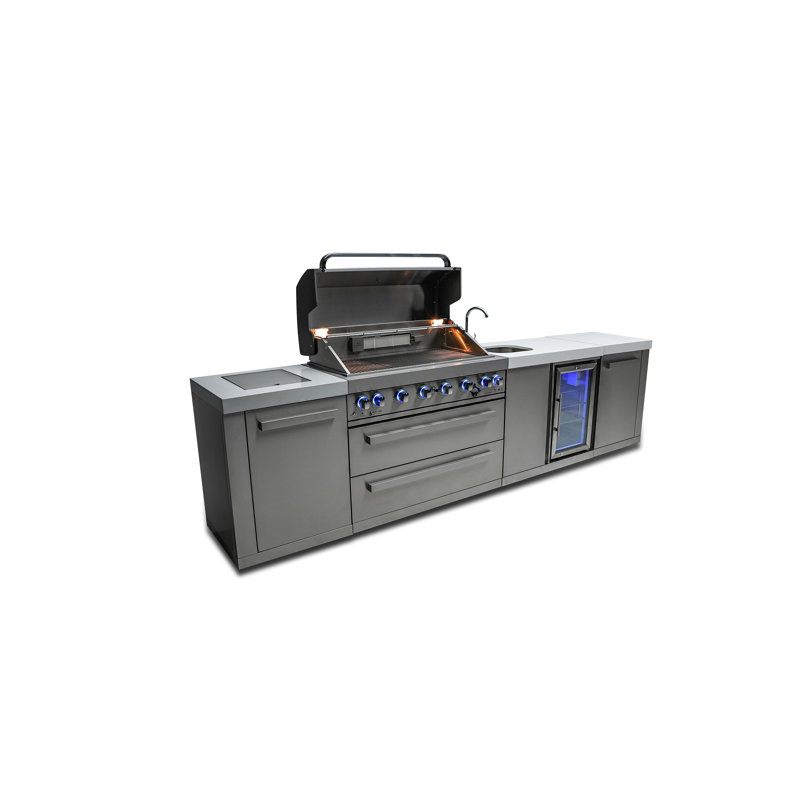 Mont Alpi 6-Burner Stainless Steel Outdoor Kitchen Island BBQ Gas Grill + Beverage Center
