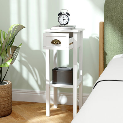 White engineered wood bedside table set of 2, scandinavian narrow nightstands with drawer and open lower shelf