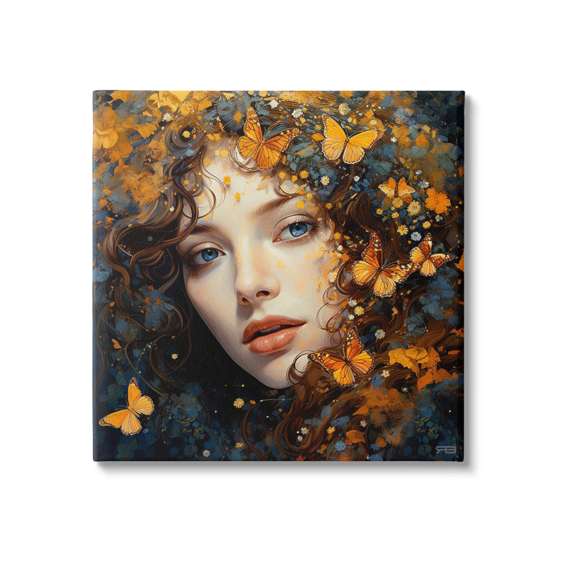 Femme avec des papillons monarques, art mural par Rb, H 36 po x l 36 po