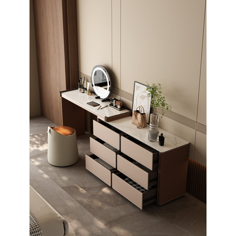 Versatile Saddle Leather & Slate Top Dressing Table with Adjustable LED Mirror - Extendable, Left/Right or L-Shaped Installation