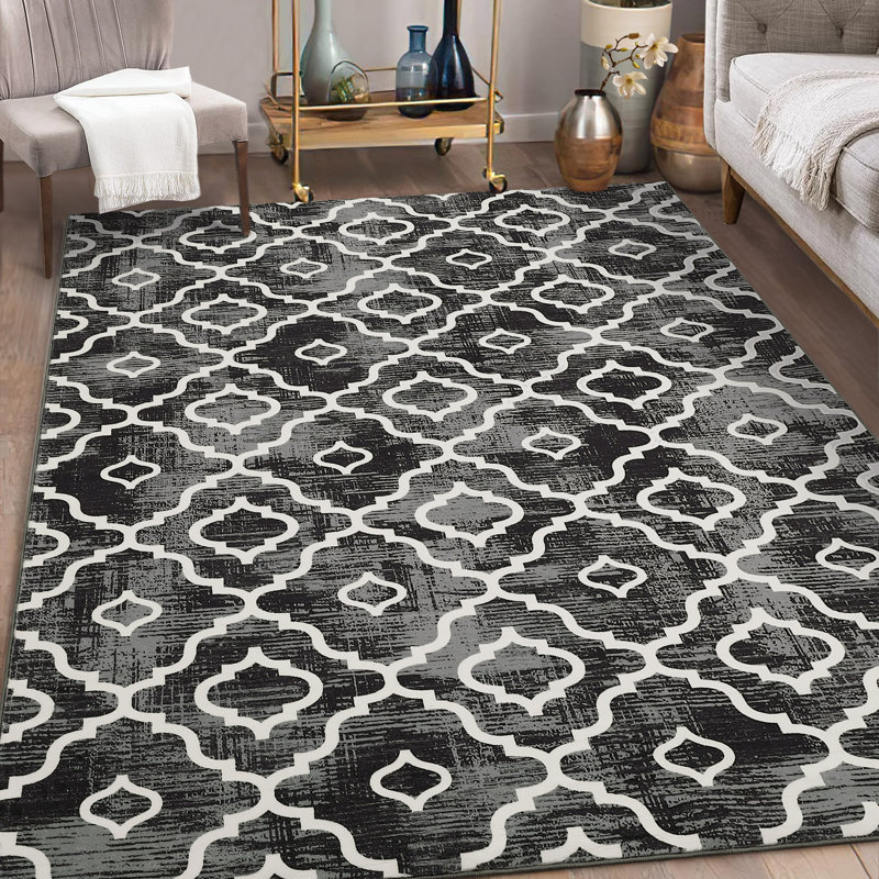 Geometric Machine Washable Rug with Rubber Backing for Living Room Moroccan Non-Slip Dining Room Rug Easy-Cleaning Floor Carpet for Bedroom Office Playroom