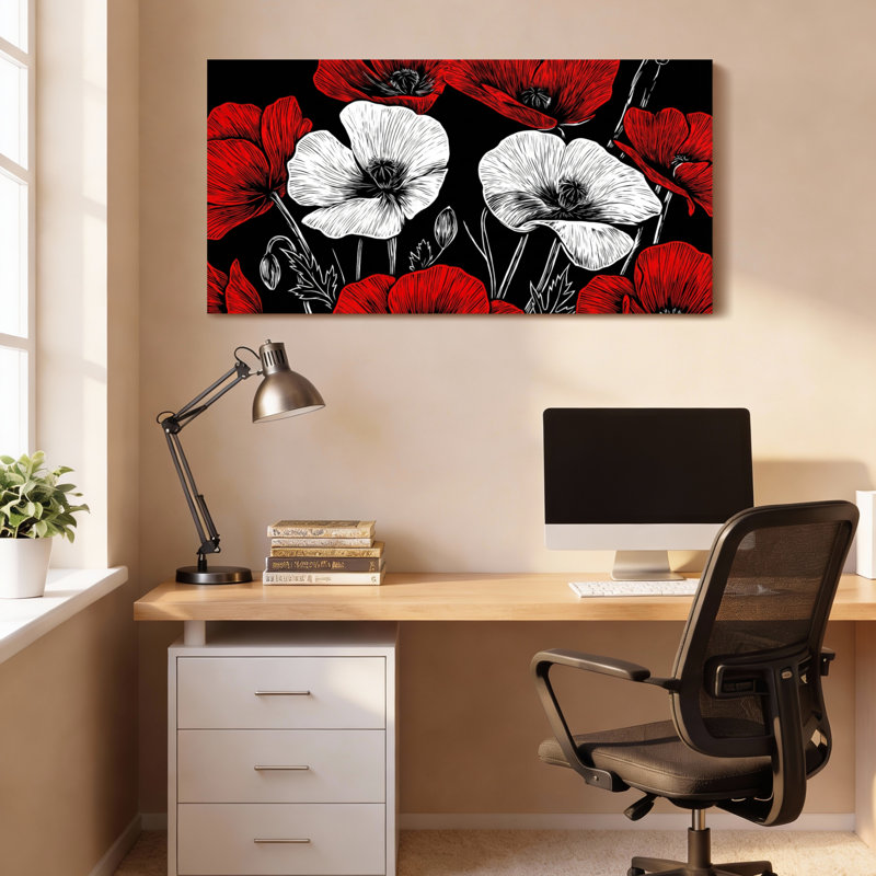 «Red and White Poppy», ensemble de 1 reproduction d'art sur toile tendue sur toile, 3216