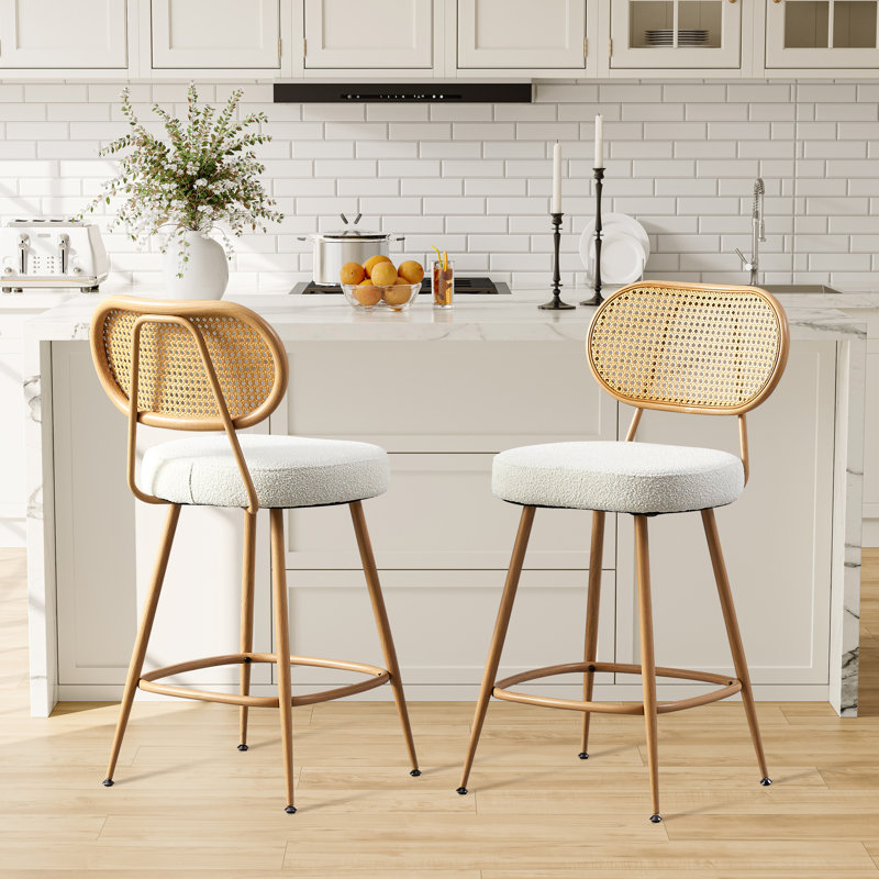 26" Modern Counter Height Stools with Rattan Backrest, Beige