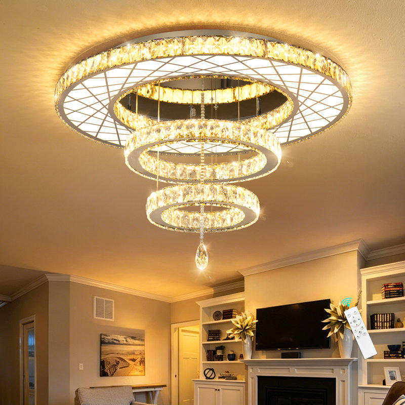 Snio LED Crystal Chandelier Flush Mount 32" Dimmable, Chrome, 16" H X 31.4" W X 31.4" D