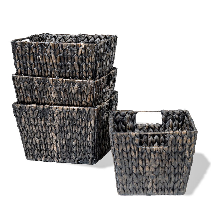 Hyacinth Storage Basket with Handles, Rectangular, Black