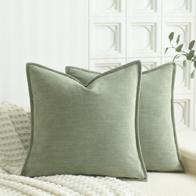Housse de coussin décorative en chenille très douce et très veloutée avec bride (ensemble de 2), Vert sauge, Carré 18 po