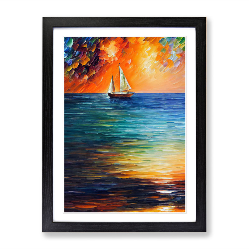 Boat At Sunset No.1 - Painting, 66cm H x 48cm W x 2cm D, Black Framed, White