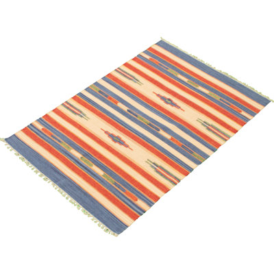 Tapis oriental en laine rouille / bleu / crème fait à la main Oriental