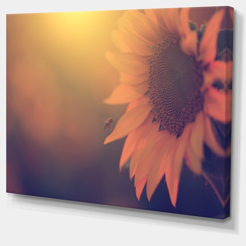 Photo rétro de tournesol en gros plan - impression sur toile tendue, H 16 po x l 32 po x P 1 po