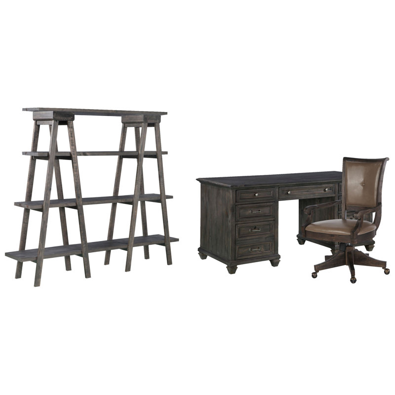 Executive Desk With Chair And Bookshelf, 3 Pieces: Desk, Chair, Bookshelf, Weathered Charcoal