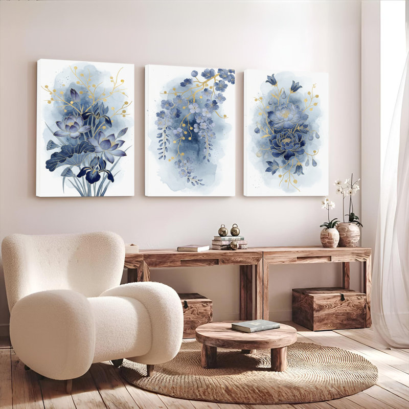 Ensemble de 3 reproductions d'art sur toile tendue à l'aquarelle bleue, H 18 po x l 36 po