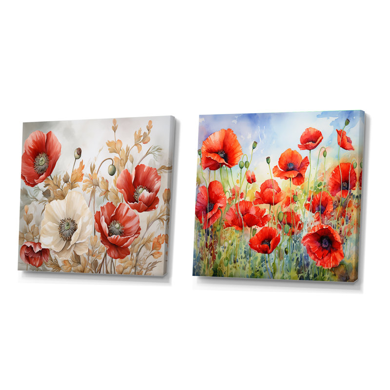 Poppies Charm In Winter Delight - Ensemble de 2 collages carrés coquelicots, Toile tendue, H 16 po x l 33 po
