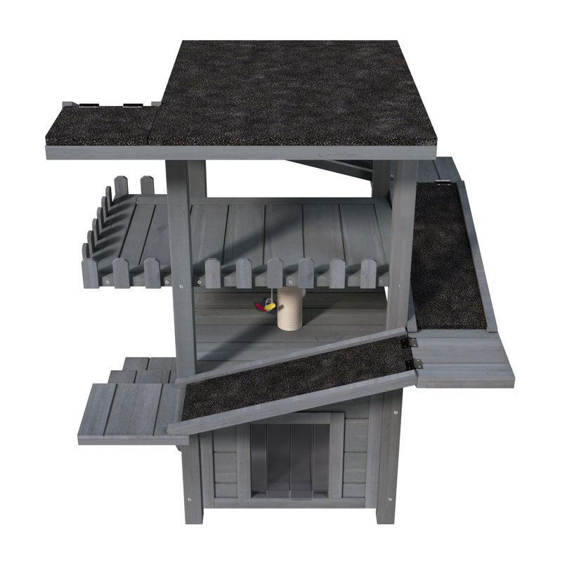 Maison pour chat à 4 niveaux avec toit et rampes imperméables, grande enceinte pour chat en bois résistant aux intempéries, abri pour chat à plusieurs niveaux