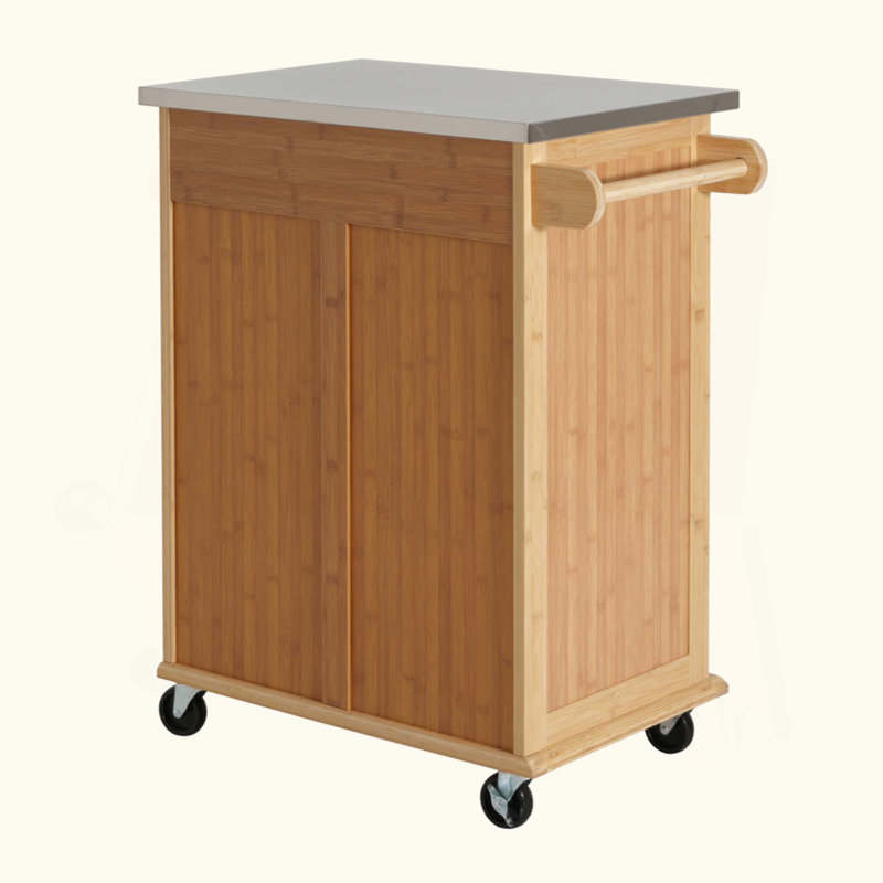 Chariot de cuisine intérieur en bambou compact avec plateau en acier inoxydable - Îlot de rangement mobile avec tiroir et armoire pour petits espaces