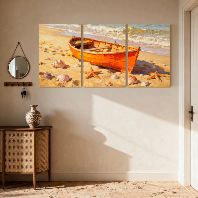 Nautique et plage, bateau, étoile de mer, coquillages, vagues de sable, soleil, océan, ensemble de 3 impressions sur toile