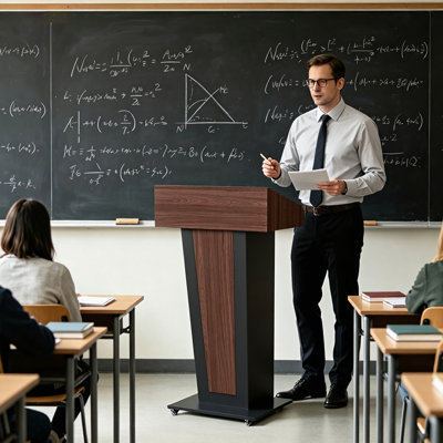Pupitre et podium en bois avec plateau inclinable, passe-câbles, butée de livre et roulettes verrouillables