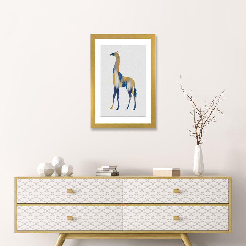 Girafe bleue et jaune - impression, H 24 po x l 16 po x P 1 po, Papier encadré doré