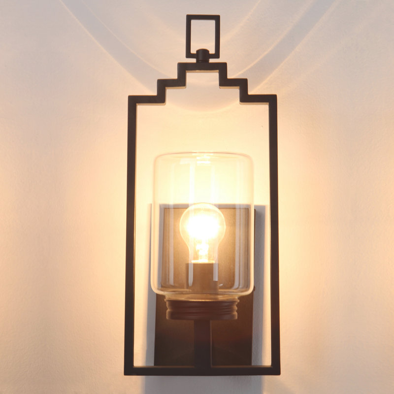 Modern Industrial Outdoor Wall Sconce, Matte Black Exterior Lantern with Handmade Clear Glass