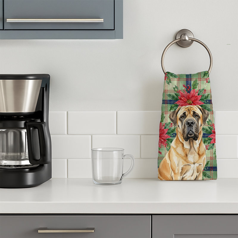 Fawn English Mastiff Christmas PoinsettIas Kitchen Towel, Fawn English Mastiff