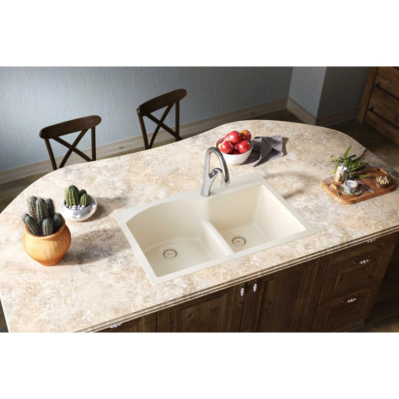 Évier de cuisine à double cuve à montage sur plan avec diviseur turquoise Quartz Luxe L 33 po x l 22 po, Parchemin