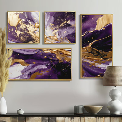 Purple And Gold Liquid Magic III - Purple Modern Wall Art 4 Pieces