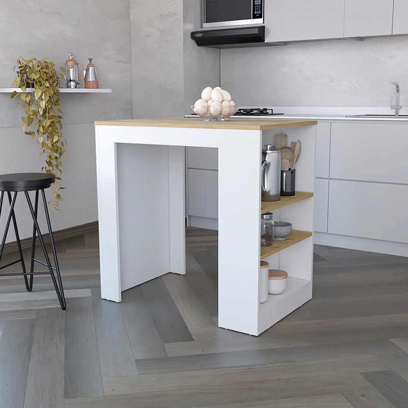 Îlot de cuisine Malahki Doyle, 3 tablettes, plateau en marbre, largeur x 36,2 po, Blanc, Brun