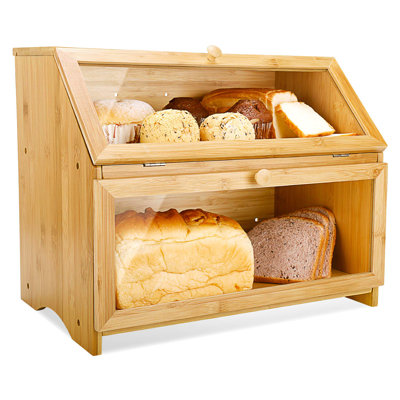 Double boîte à pain double couche pour comptoir de cuisine, bac de rangement de pain en bois de grande capacité, naturel