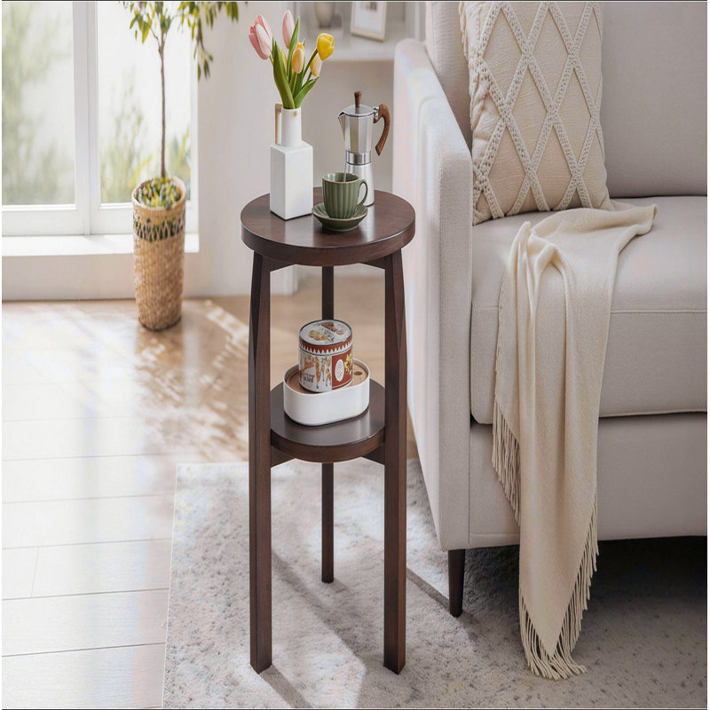 Table de bout ronde en bois d'hévéa massif, table d'appoint à 2 niveaux avec tablette de rangement, petite table d'appoint pour le salon, la chambre à coucher