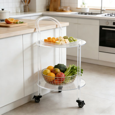 Table d'appoint ronde à deux niveaux en acrylique transparent, avec roulettes verrouillables, style moderne, idéale pour le salon, la chambre ou le bureau.