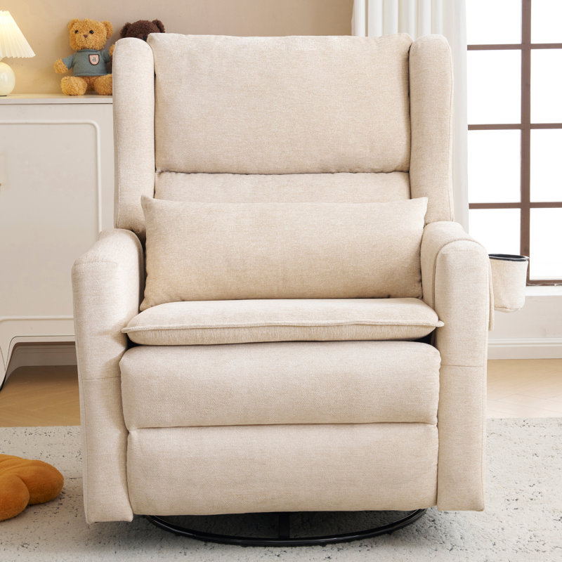 Fauteuil inclinable pivotant Veya surdimensionné, fauteuil à bascule extra large de 66 cm (26 po) pour chambre d'enfant avec appui-tête réglable, fauteuil inclinable électrique en chenille avec double coussin et porte-gobelet, beige