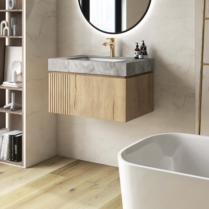 Meuble-lavabo mural pré-assemblé en contreplaqué avec lavabo, tiroir et porte, Beige