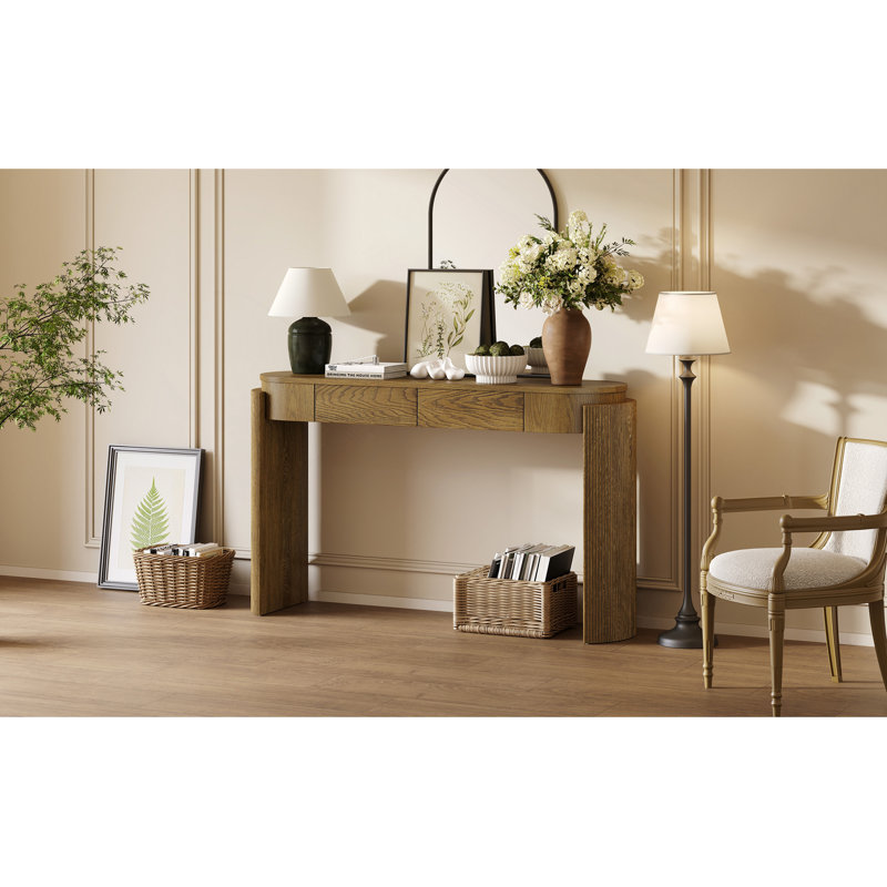 Table d'entrée avec finition grain de bois naturel, console avec conception cannelée, plateau ovale et 2 tiroirs pour le hall d'entrée et le salon (bois de pin)