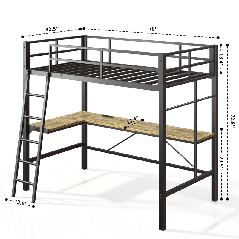 Lit mezzanine simple en métal avec bureau en forme de L, base de lit mezzanine pour station de charge, barrière de sécurité et échelle, aucun sommier nécessaire, noir