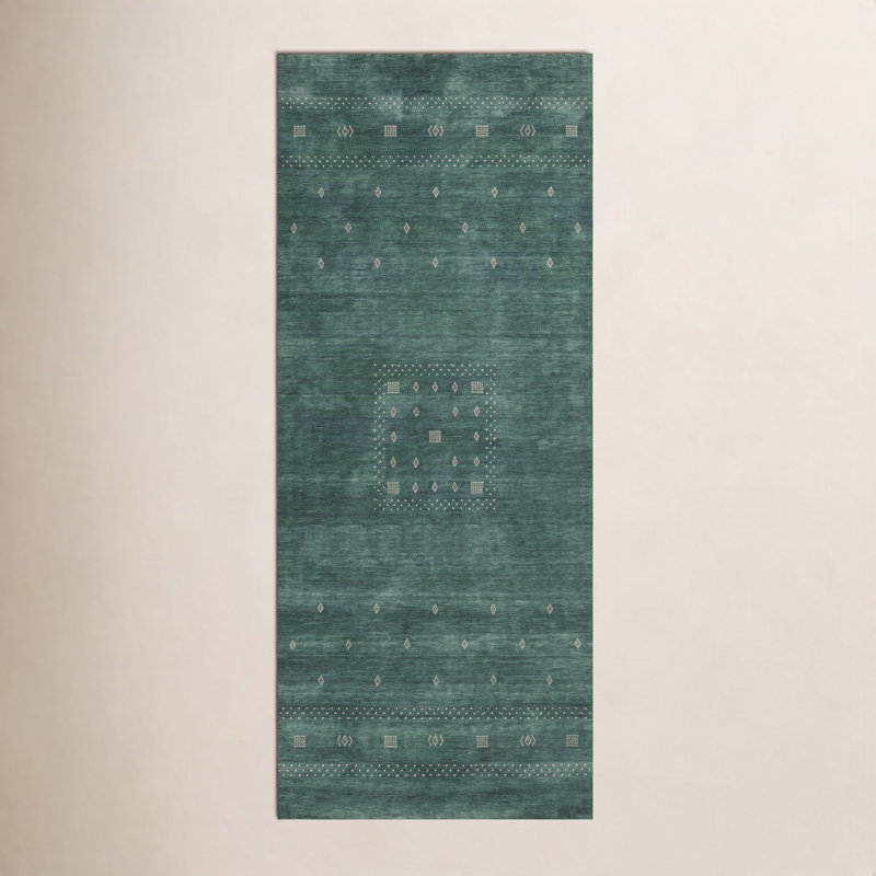 Simi Hand Knotted Cotton/Wool Southwestern Area Rug, Green, Runner 2'6" x 8'