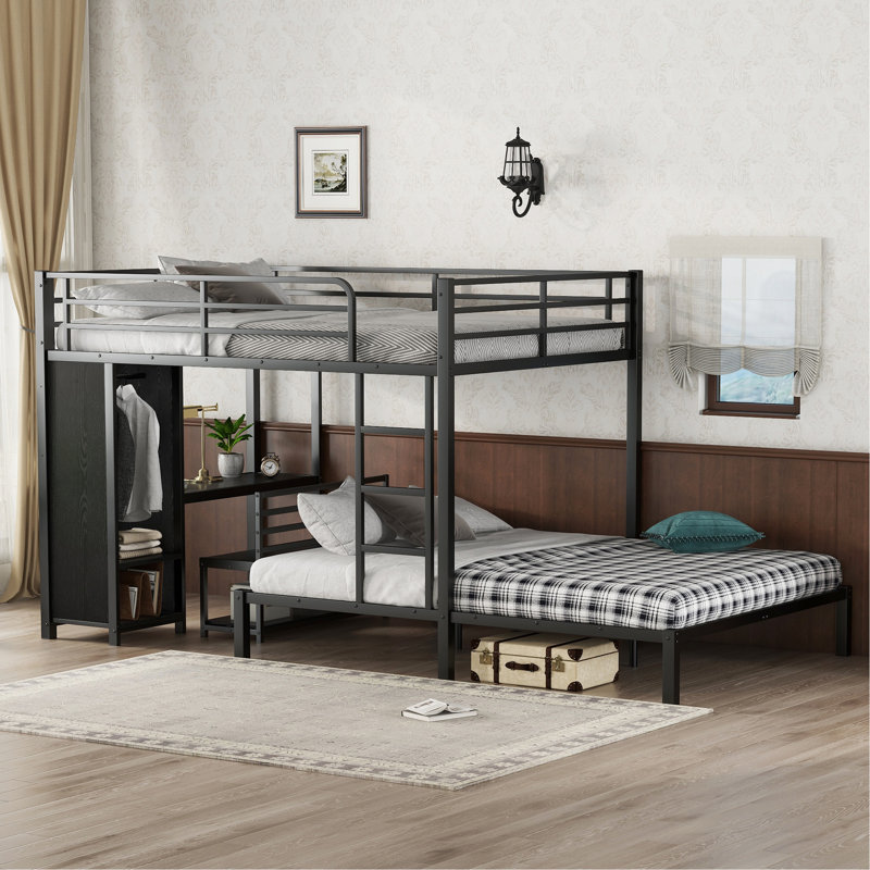 Structure de lit superposé avec garde-robe intégrée, lit superposé en métal avec bureau et chaises de rangement