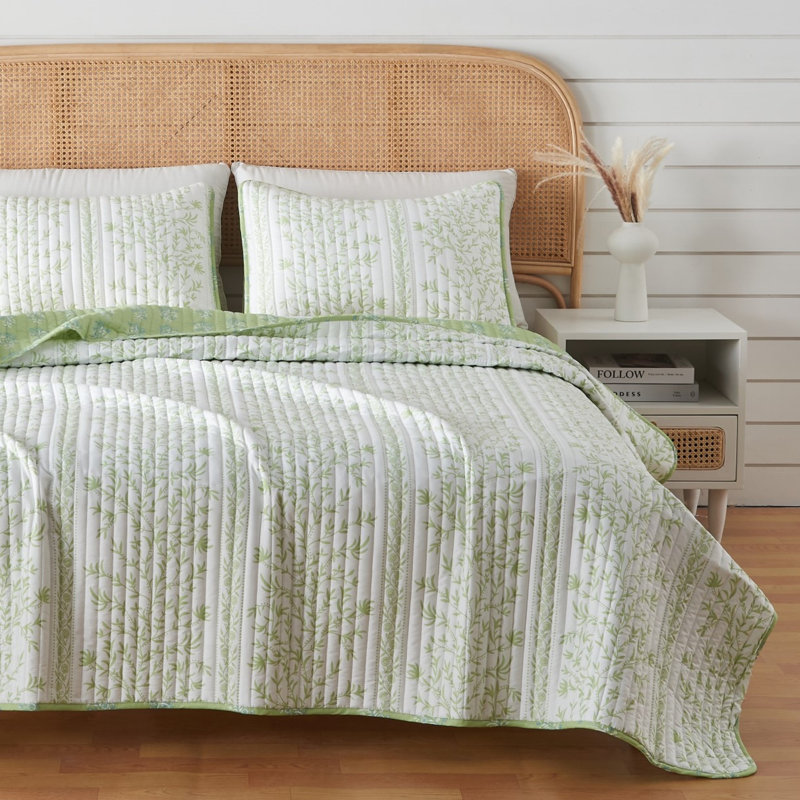Twin Linear Floral Blue Microfiber Reversible Quilt Set