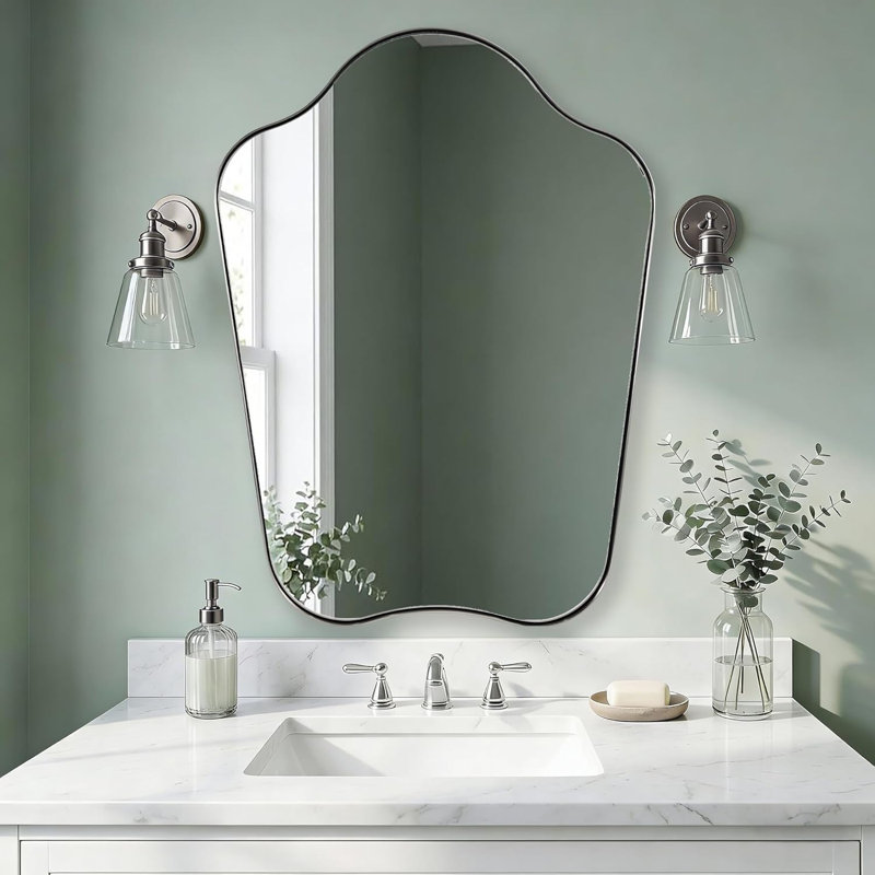 Contemporary Dual Arch Scalloped Bathroom Vanity Mirror | Stainless Steel Frame, Brushed Nickel, 32" x 24"