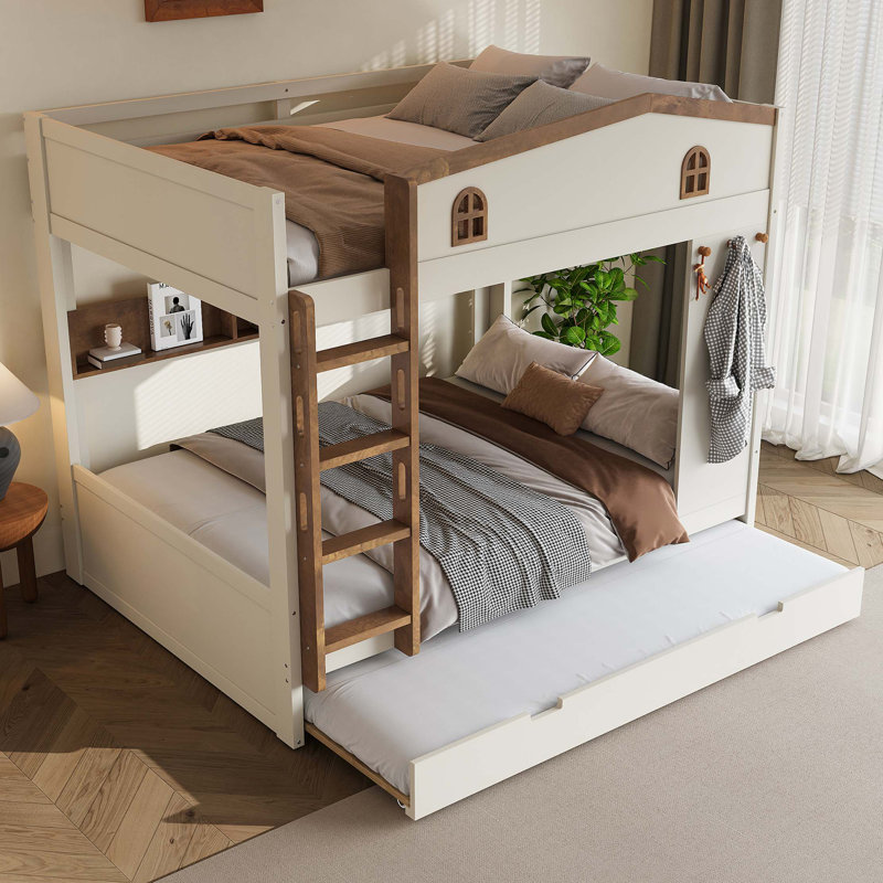 Grand lit superposé en bois massif avec lit gigogne, tablettes de rangement et crochets de suspension, Beige, naturel