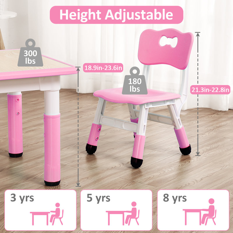 Ensemble de table et 4 chaises pour enfants à hauteur réglable - Bureau multi-activités résistant aux graffiti, pieds antidérapants - Bureau d'étude et d'activité pour les enfants de 2 à 10 ans - Maison, garderie, salle d'étude - Rose