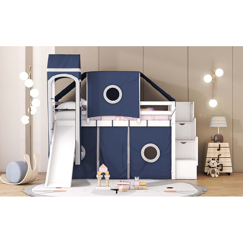 Lit mezzanine avec tente et tour, Bleu, Simple