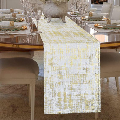 Chemin de table en velours - blanc et doré - motif à paillettes, élégant chemin de table moderne de Noël