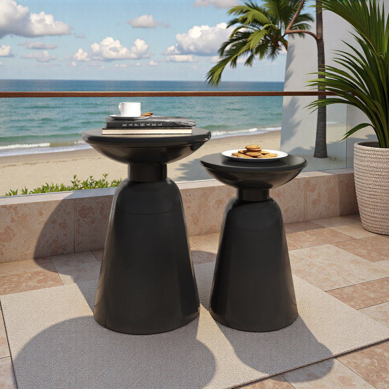 Outdoor Iron Side Tables With Flared Design, Set Of 2, Black