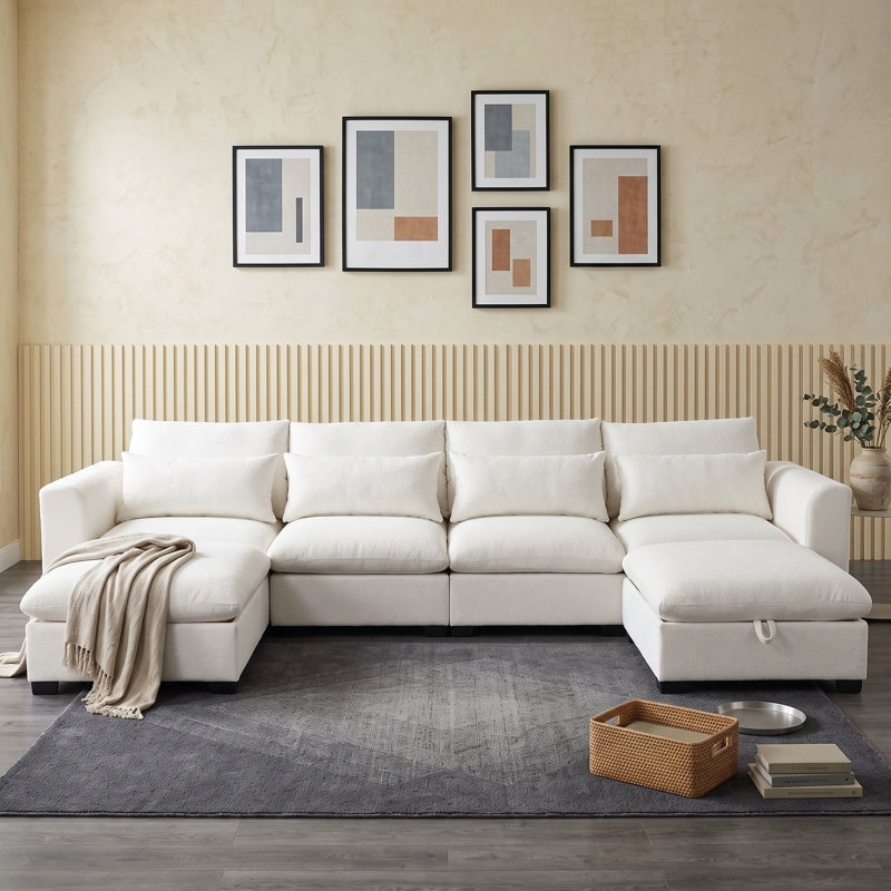 Canapé modulaire 6 places avec 2 repose-pieds et structure en bois, Beige