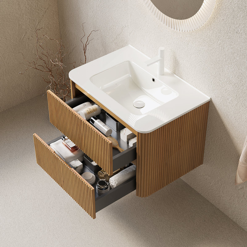 Meuble-lavabo de salle de bain mural avec lavabo, 2 tiroirs flottants, 30", Bois naturel