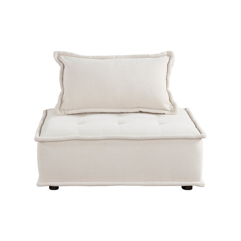 Fauteuil d'appoint capitonné beige avec coussin traversin, siège modulaire sans accoudoirs moderne, structure en bois massif